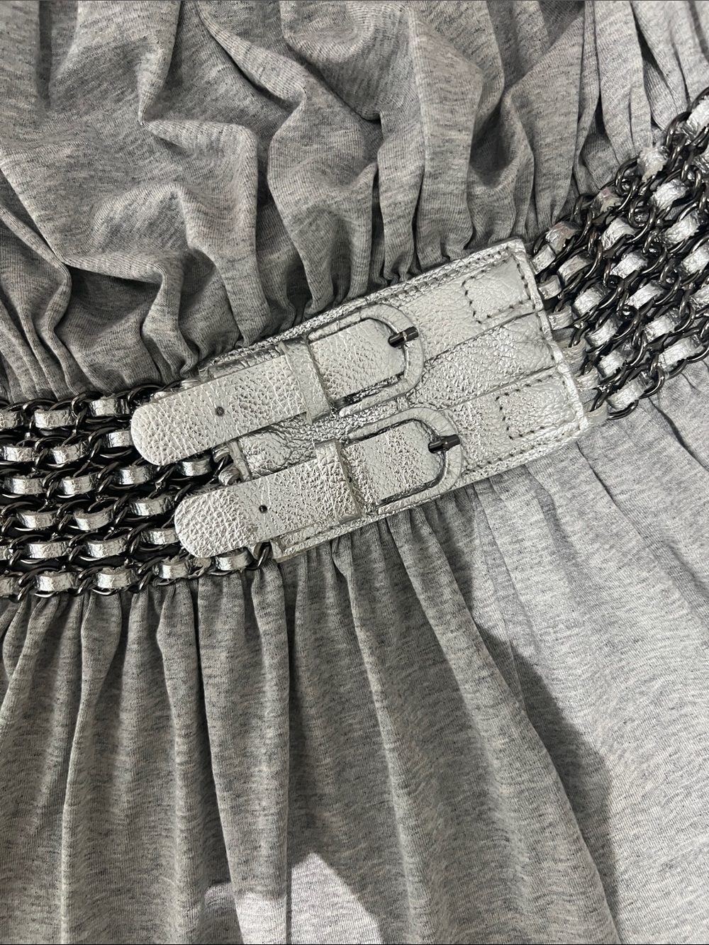 Sky Light Gray Strapless Dress with Decorative Chain-Link Waistband - Picture 4 of 6